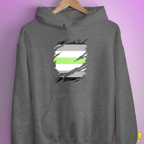 Agender Pride Flag Ripped Reveal Hoodie - Grey Heather